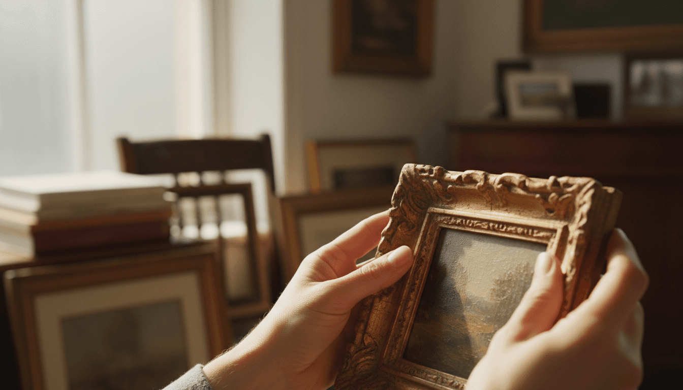 Collector's hands examining a gilt-framed painting in natural studio light