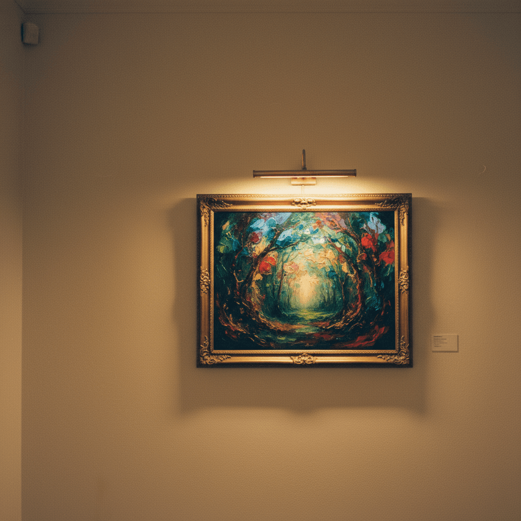 Original oil painting displayed in gallery lighting