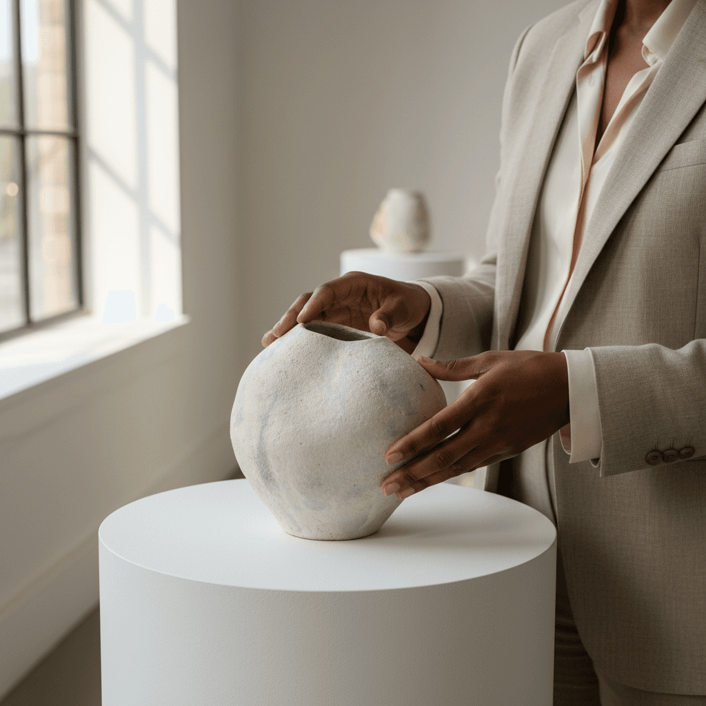 Collector's hands closely examining handcrafted ceramic vessel in minimalist white gallery space with natural light