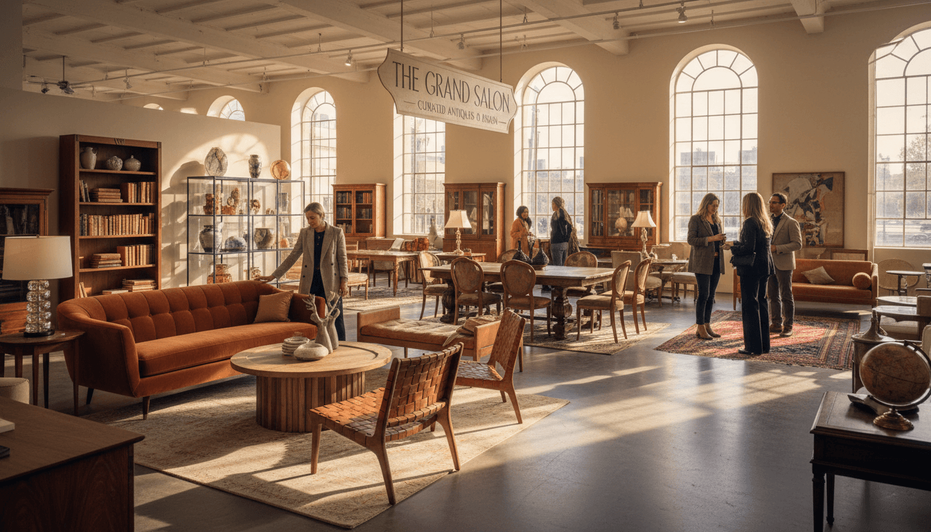Curated display of Georgian and Mid-Century Modern antique furniture pieces