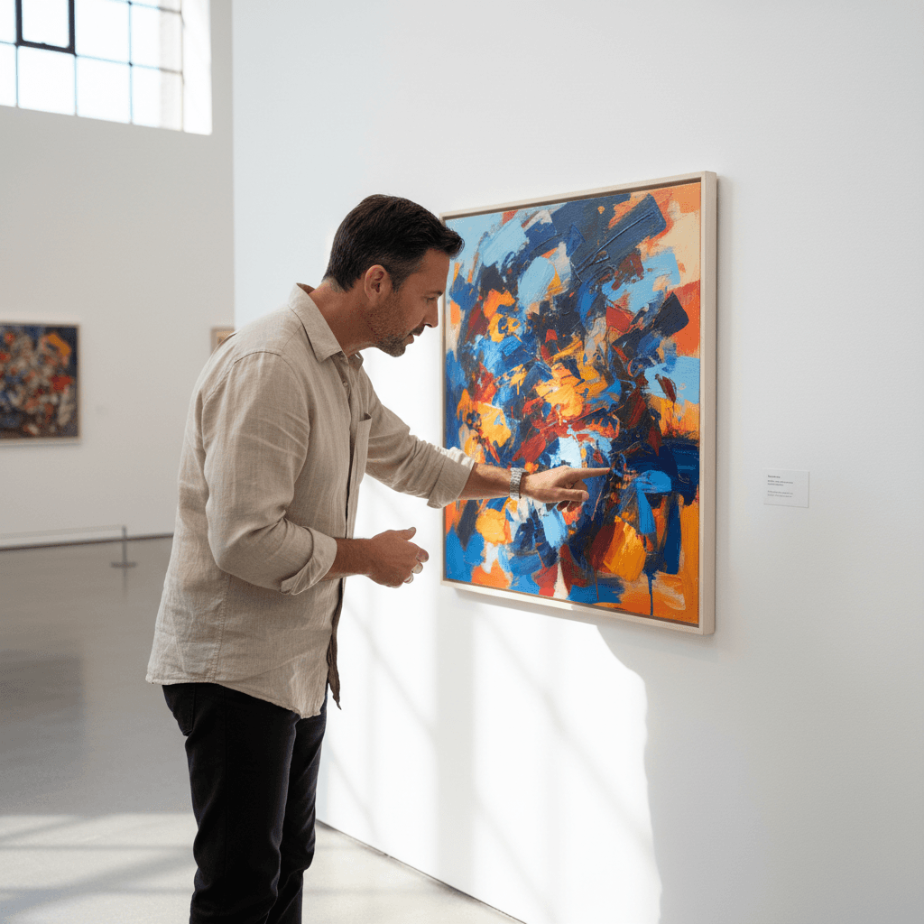 Framed oil painting displayed in gallery lighting