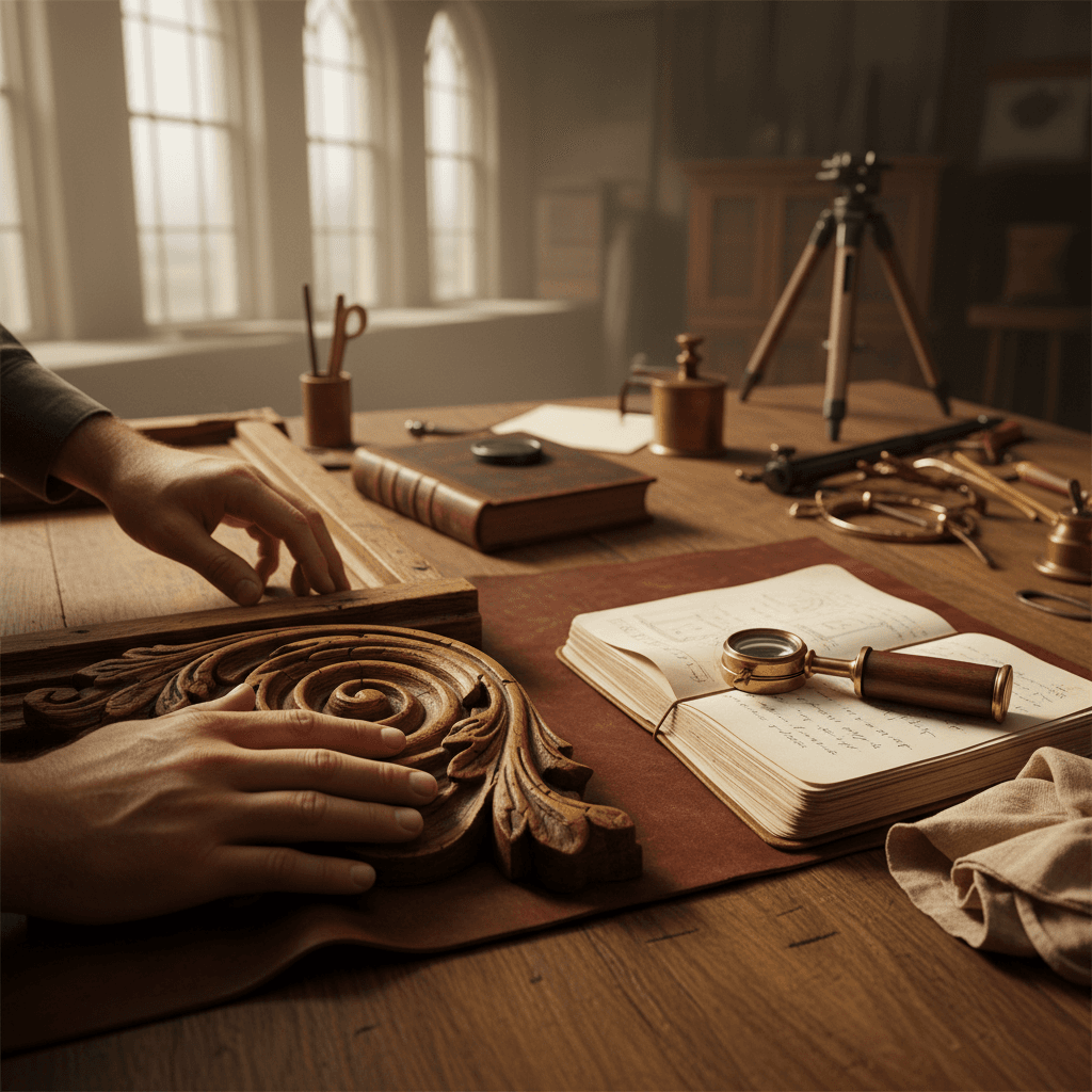 Expert conservator examining a period wooden frame with precision tools and magnifying glass in a London conservation studio
