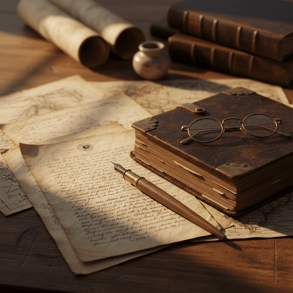 Antique desk with loupe and journal, antiques in soft background light