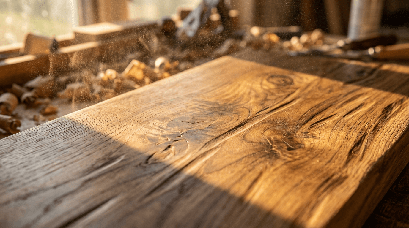 Macro close-up of hand-finished wooden surface with warm golden light, dust rays, and visible grain texture emphasizing artisanal craftsmanship.