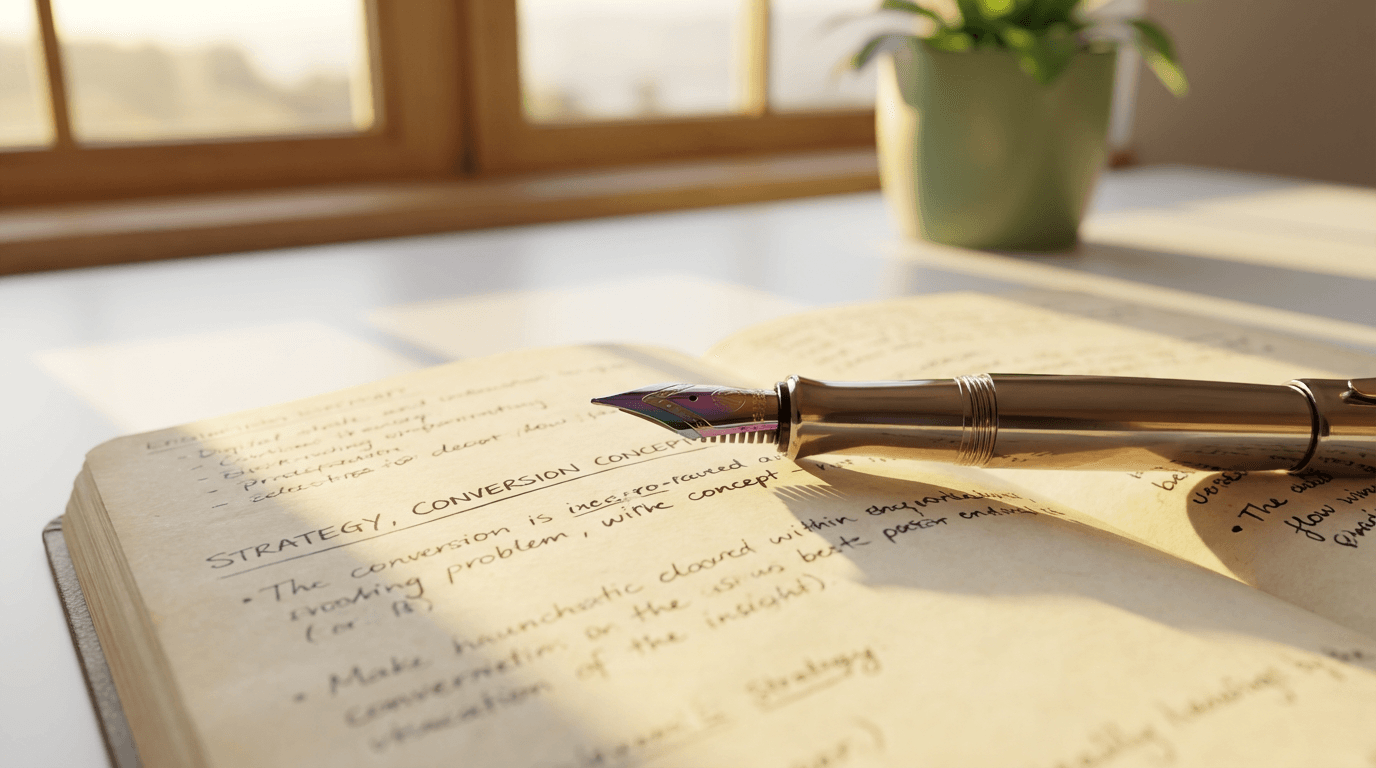 Antique wooden desk with brass inkwell and fountain pen in warm natural light